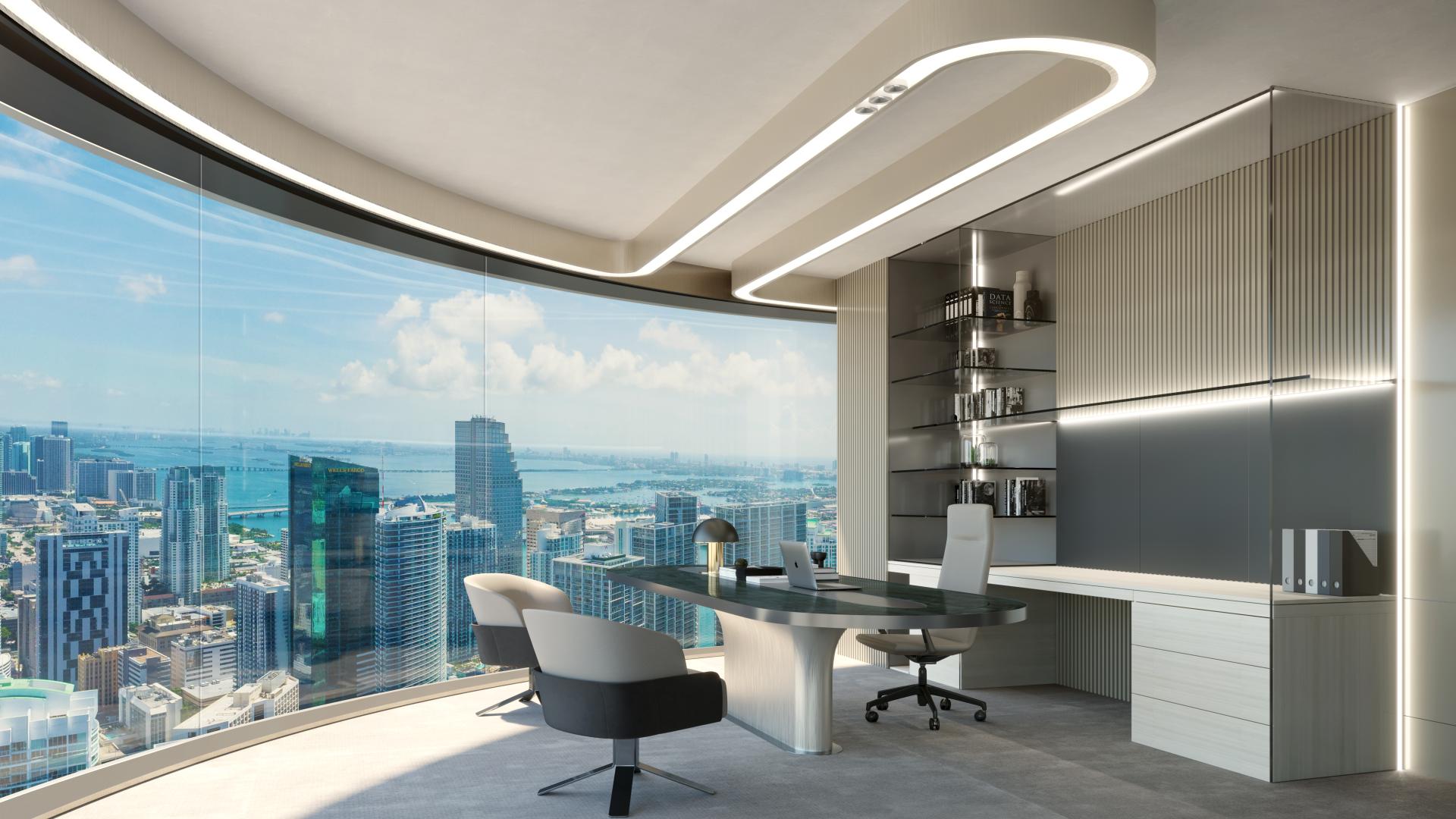 Modern office with floor-to-ceiling curved glass windows offers panoramic city and ocean views.