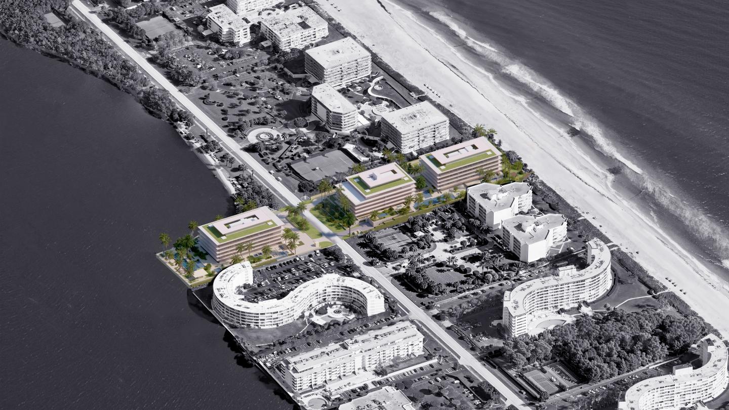 Aerial rendering of a coastal development with three modern rectangular buildings.